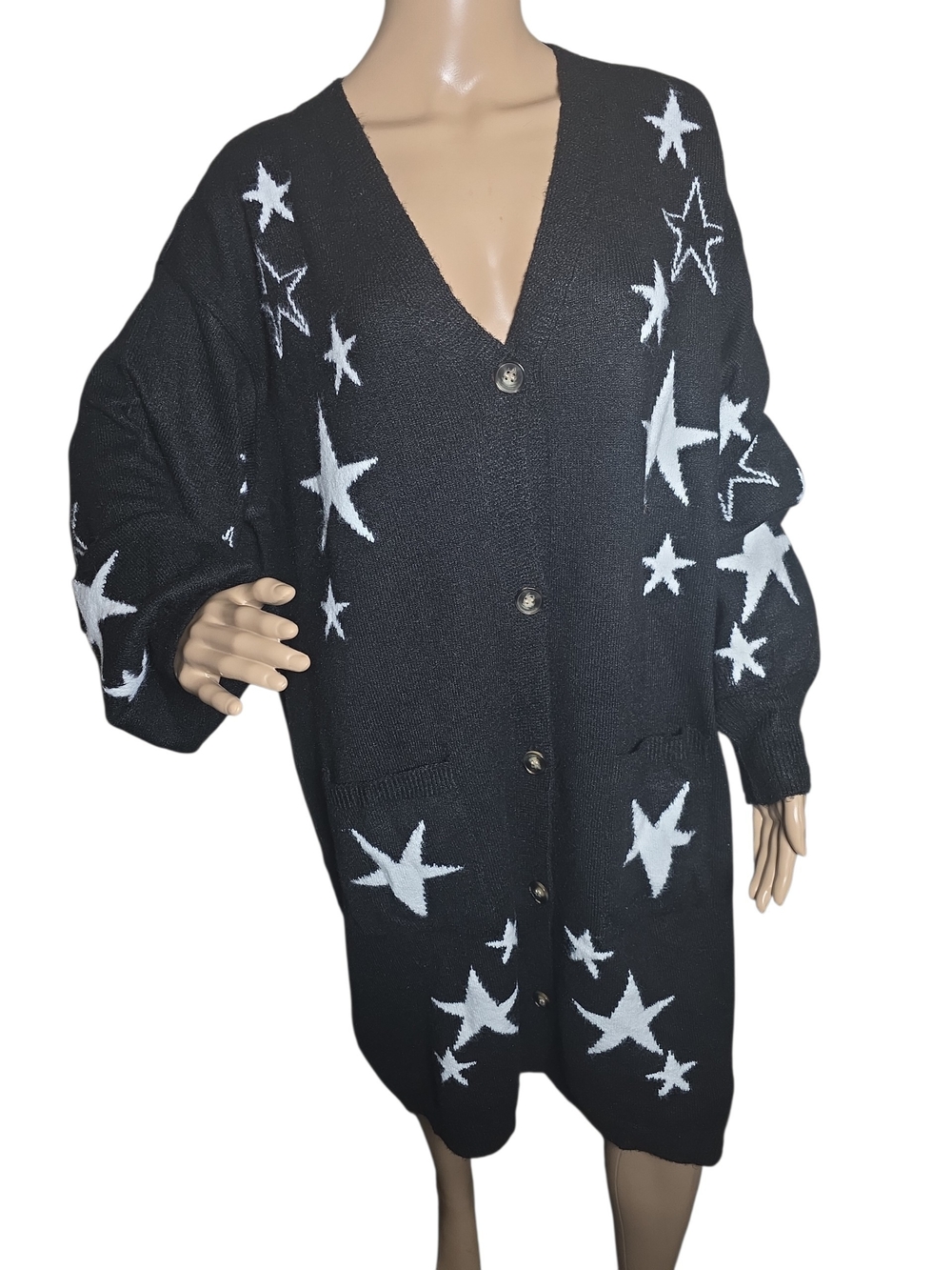 Anthropologie Black Star Intarsia Longline Cardigan Sweater Women's XL